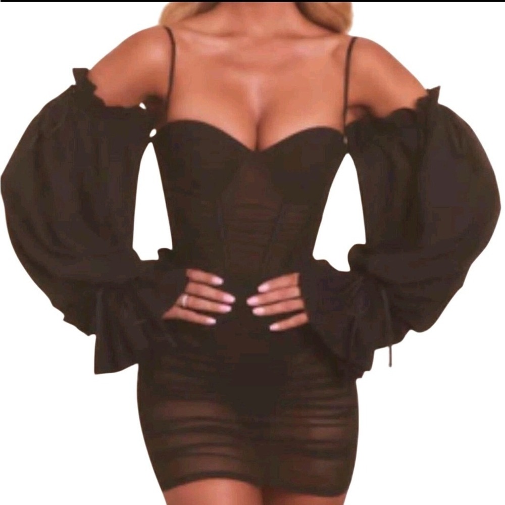 Oh Polly 42P Meet Me At Midnight Black Corset Mesh Mini Dress Ruched Size US 2‎